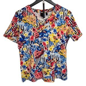 Rafaella Studio Floral Striped Lace Up V-Neck Cotton Top Large Multi-Color